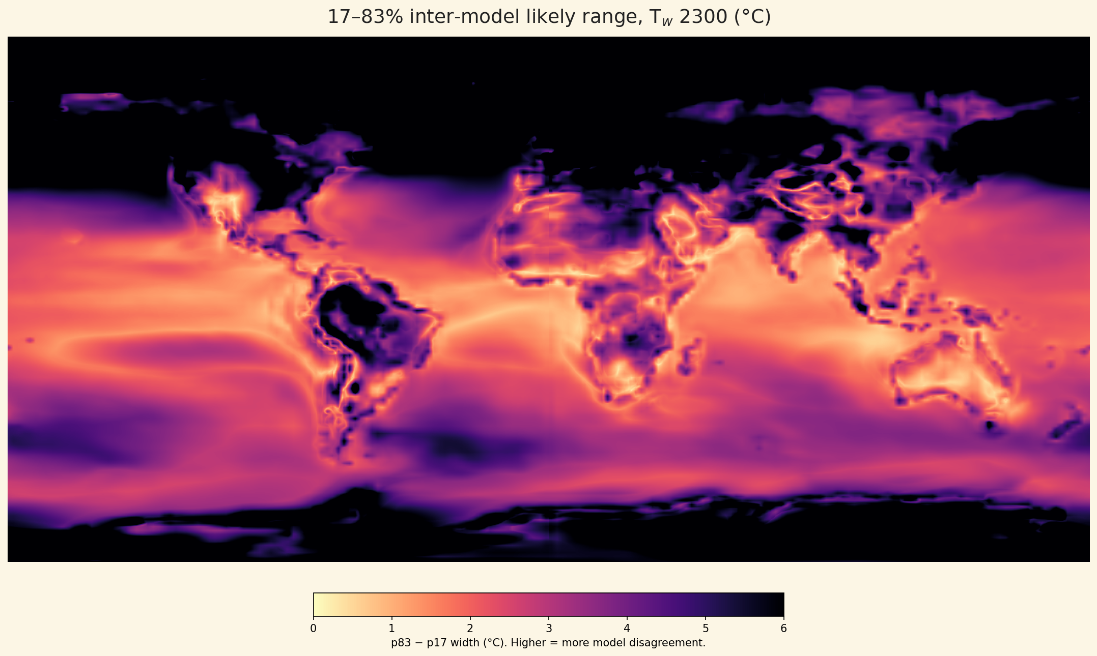 Inter-model 17-83% likely-range width of T_w at 2300, °C. Brighter = more model disagreement.